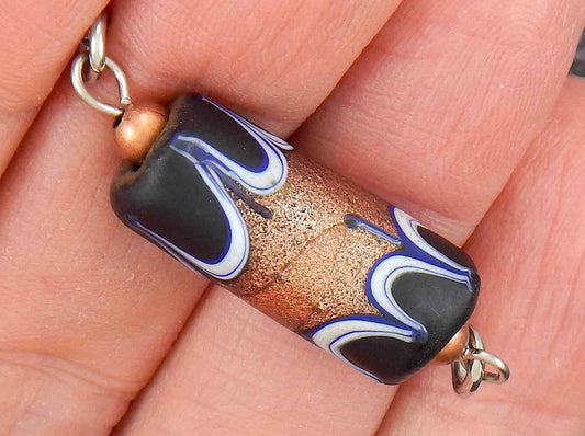 14-inch necklace with matte black Murano glass cylinder, feather pattern and metallic bronze center, stainless steel chain