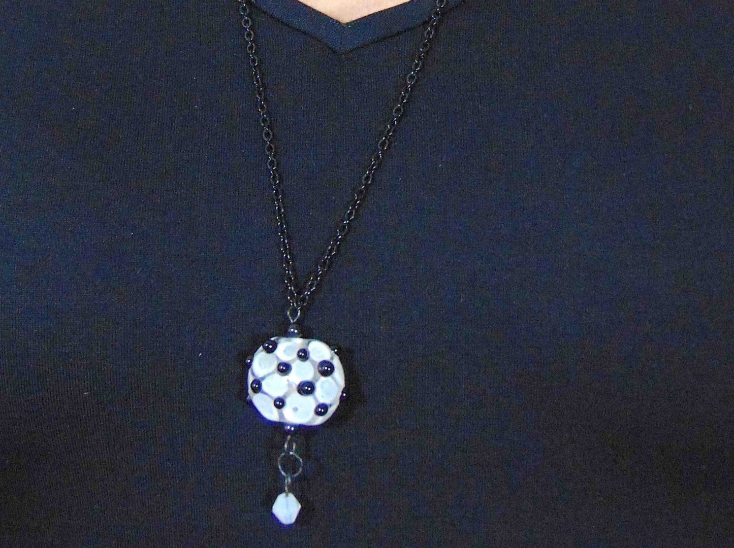 29-inch necklace with clear Murano glass pendant, flat white dots and 3D black dots, Opaline Swarovski crystal, black stainless steel chain