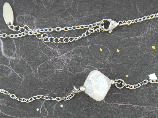 14-inch necklace with opalescent white vintage glass bicone, stainless steel chain