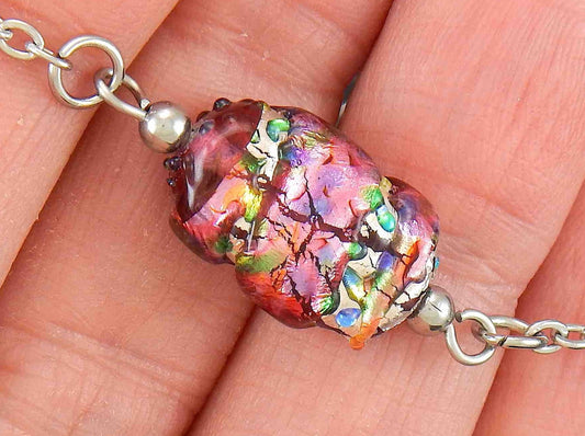14-inch necklace with pink Japanese vintage glass rectangle marbled in many colours, stainless steel chain