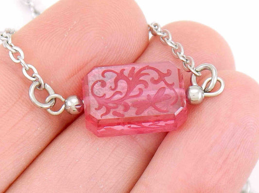 14-inch necklace with candy pink vintage French crystal rectangle, leaf and dragonfly engraving on both sides, stainless steel chain