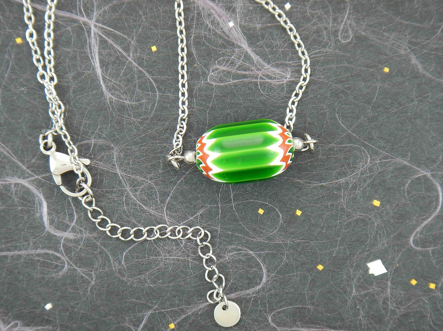 14-inch venetian chevron bead (Murano glass) necklace, candy cane effect in green-red-white, stainless steel chain