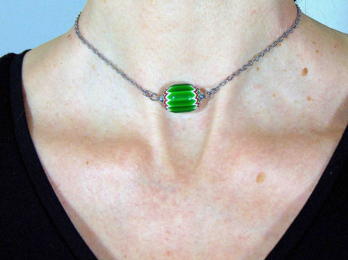 14-inch venetian chevron bead (Murano glass) necklace, candy cane effect in green-red-white, stainless steel chain