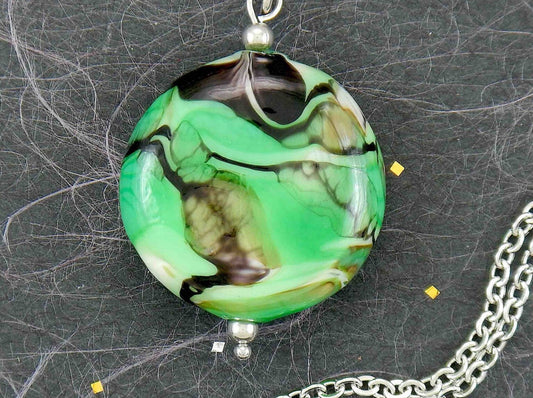 29-inch necklace with Murano glass round pendant marbled in bright apple green, black and white, stainless steel chain