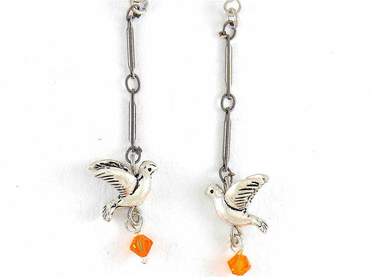 Long earrings with small pewter flying birds and orange Swarovski crystals, metal hooks