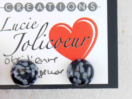 Ear studs with 10mm round snowflake obsidian stone cabochons, stainless steel posts