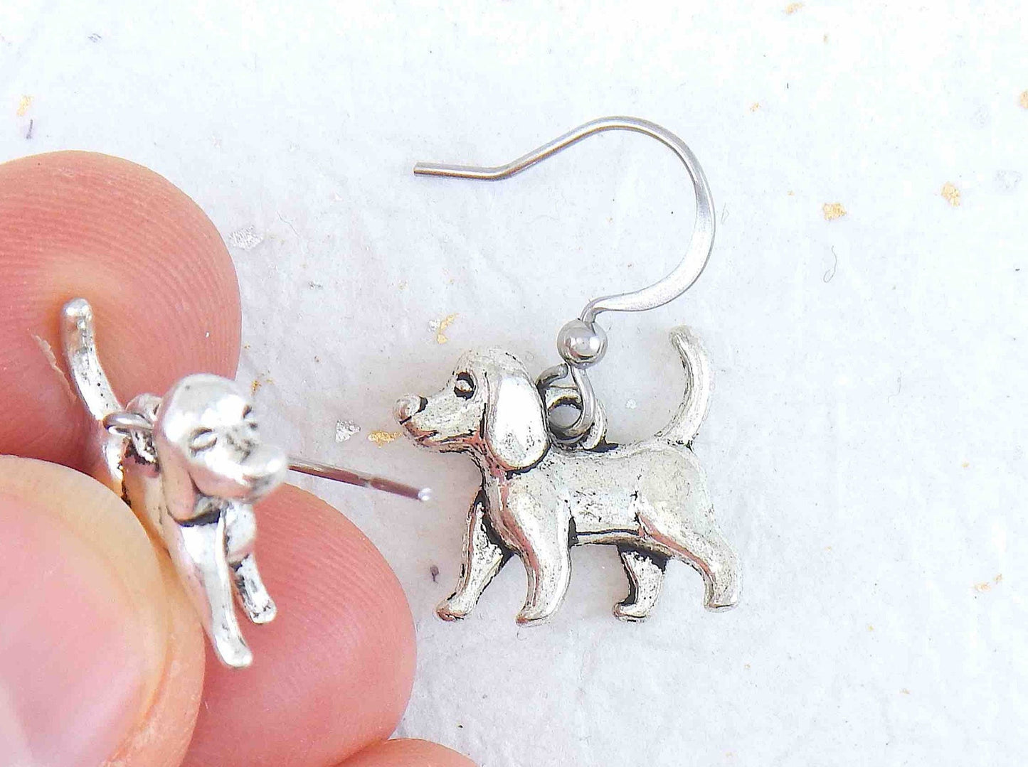 Short earrings with pewter beagle dogs, stainless steel hooks
