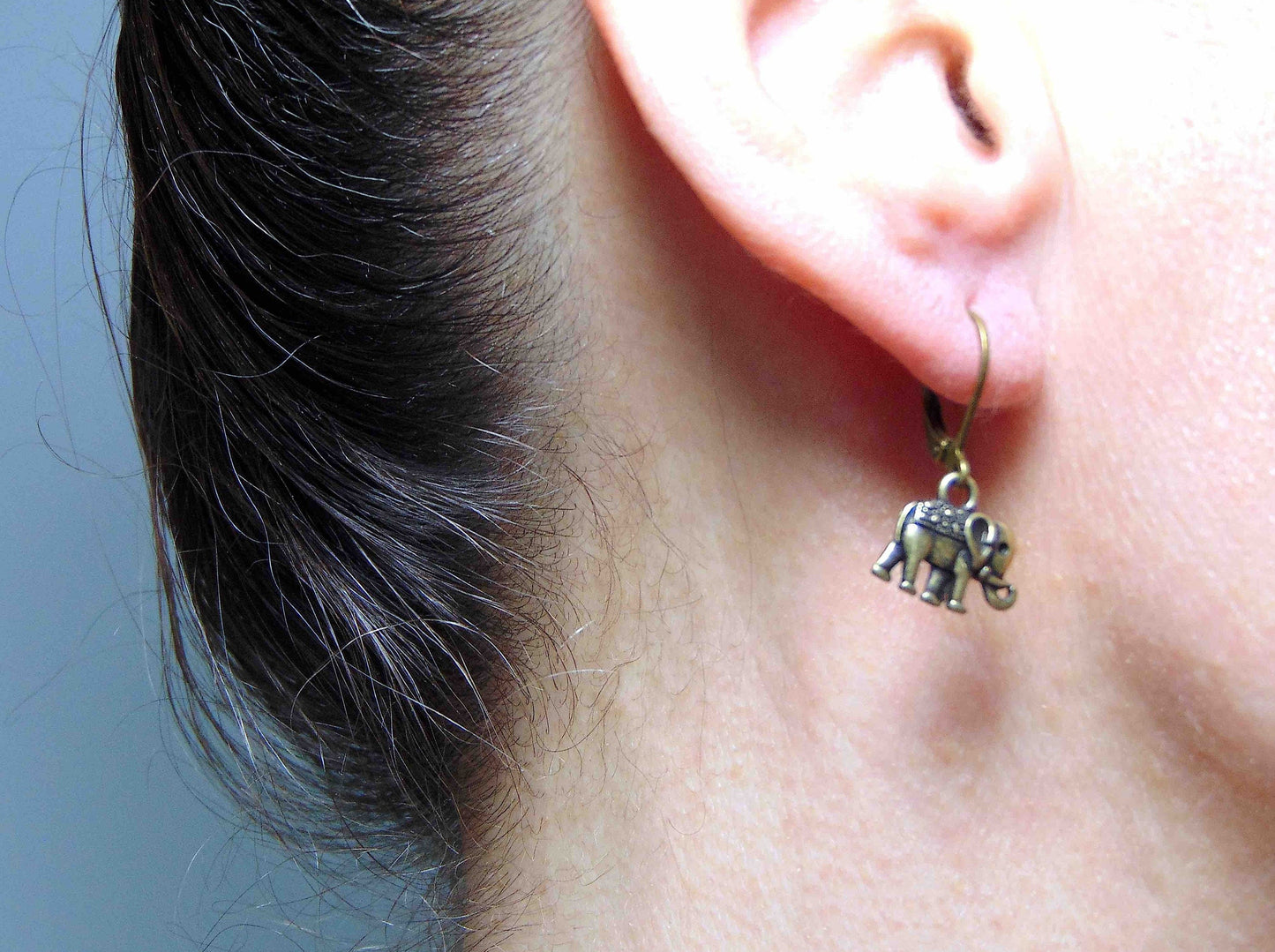 Short earrings with small pewter elephants, stainless steel hooks