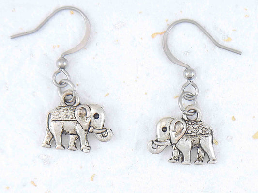 Short earrings with small pewter elephants, stainless steel hooks