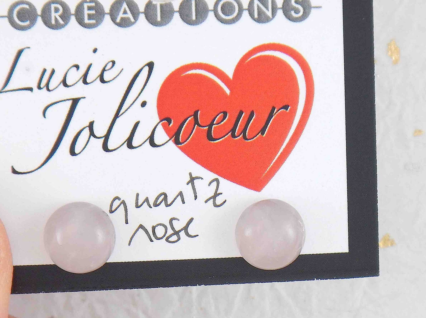 Ear studs with 8mm round rose quartz stone cabochons, stainless steel posts