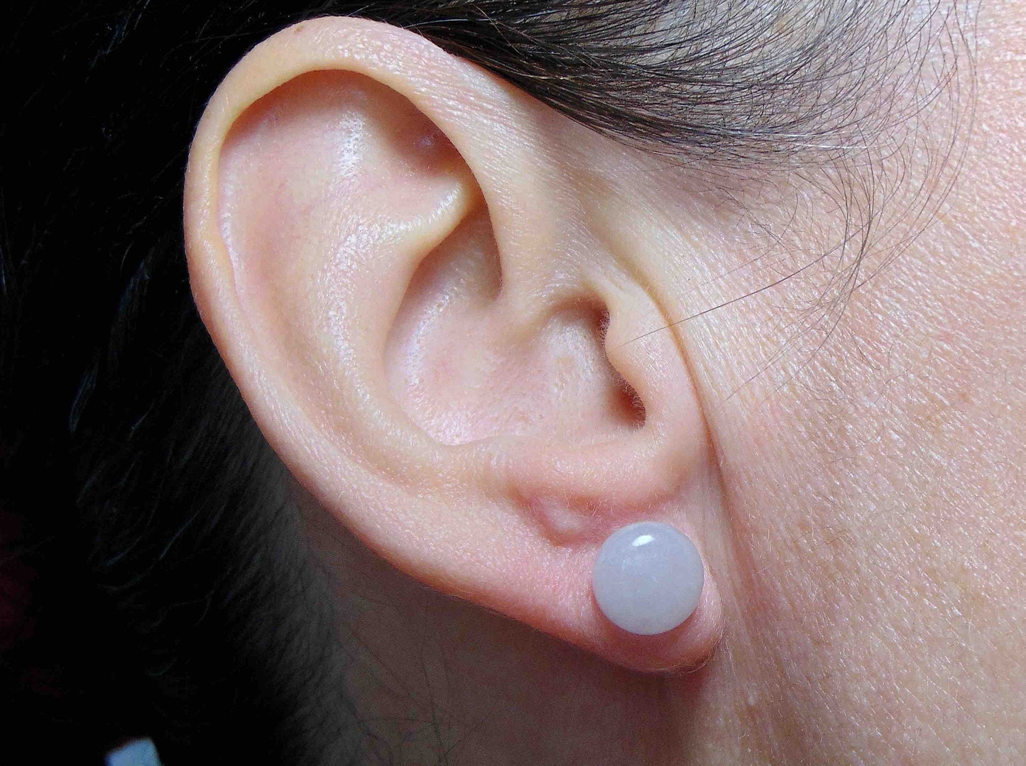 Ear studs with 10mm round rose quartz stone cabochons, stainless steel posts
