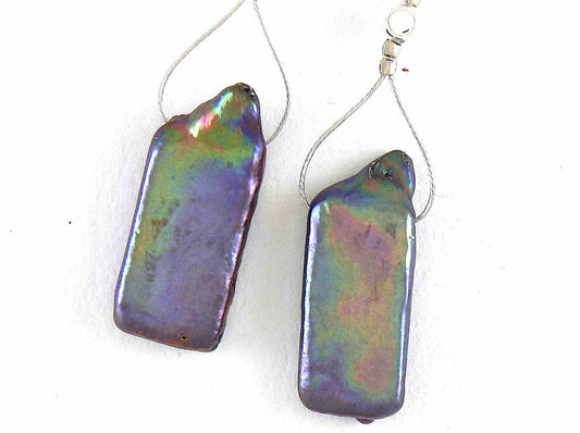 Long earrings with large iridescent gray freshwater pearls, baroque rectangle shape, stainless steel hooks