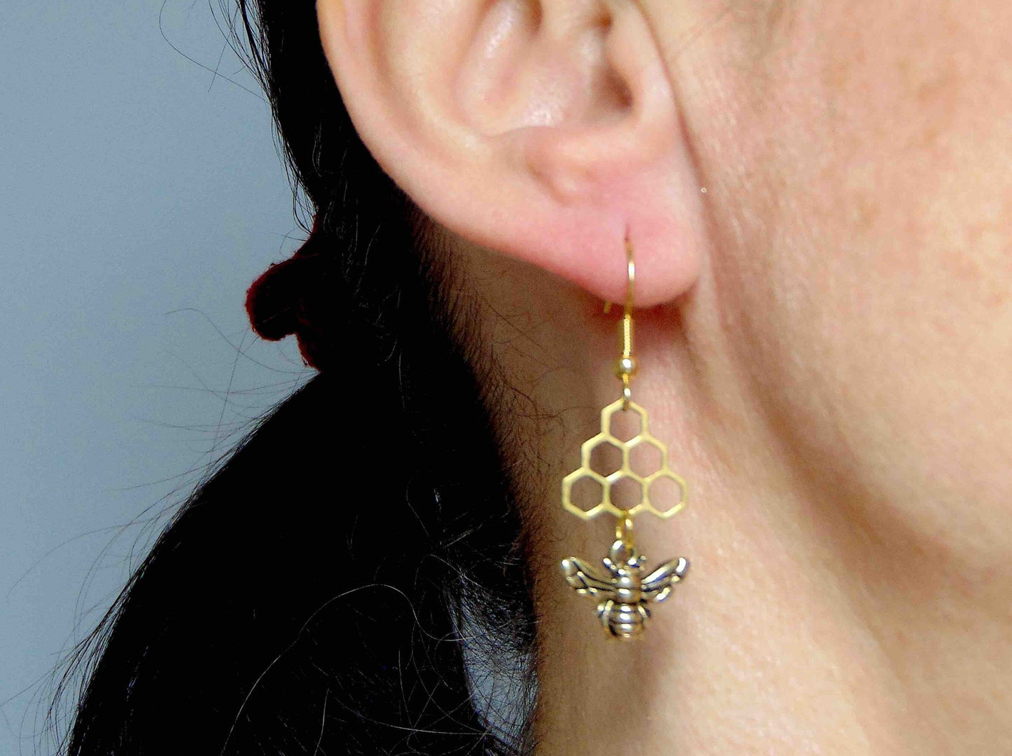 Long earrings with brass bees and honeycombs, gold-toned stainless steel hooks