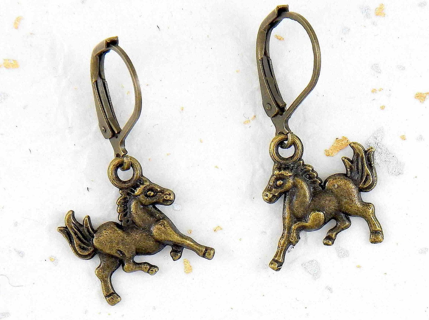 Short earrings with galloping horses, brass lever back hooks