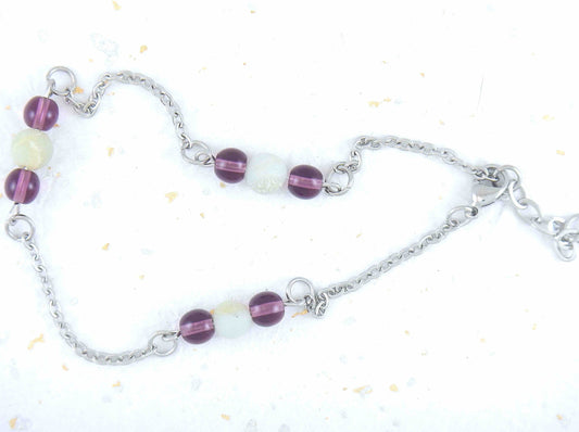Anklet with shiny amethyst and matte amazonite beads on hypoallergenic stainless steel chain
