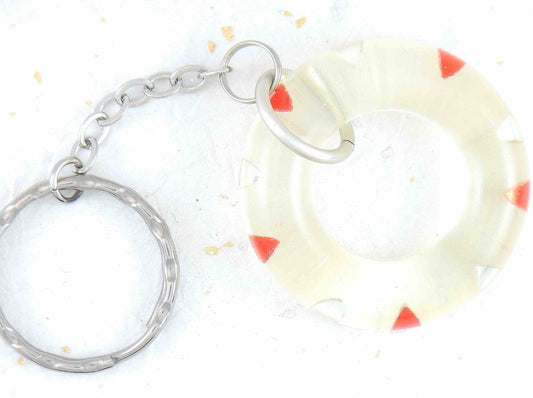 Keychain with handmade resin circle, tiny red and silver hearts, stainless steel chain