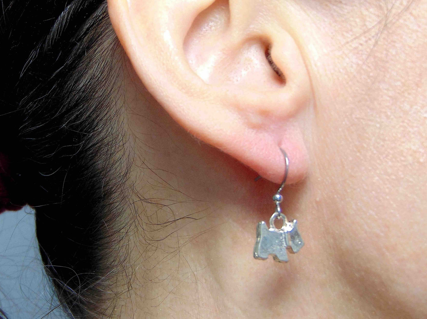 Short earrings with bright silver Scottish Terrier dogs, stainless steel hooks