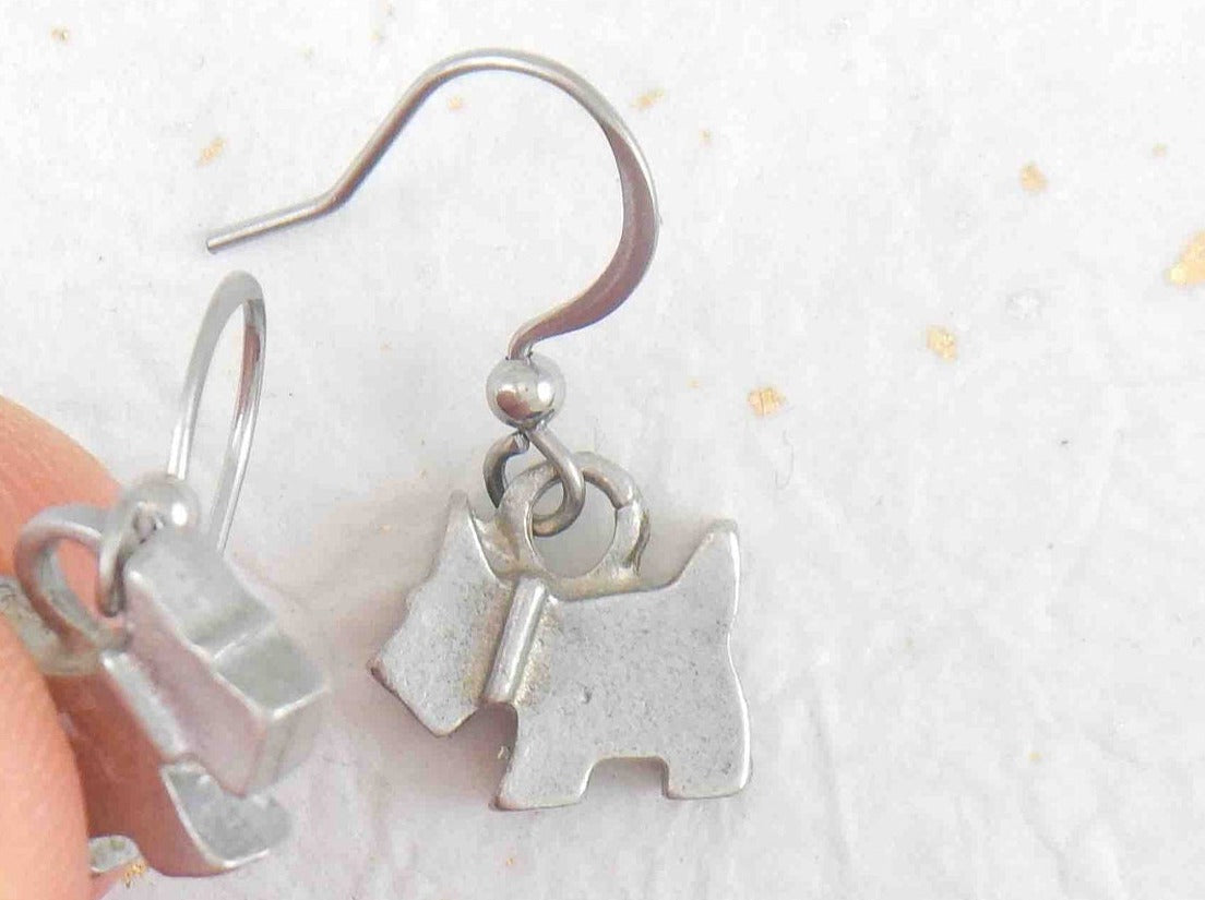 Short earrings with bright silver Scottish Terrier dogs, stainless steel hooks