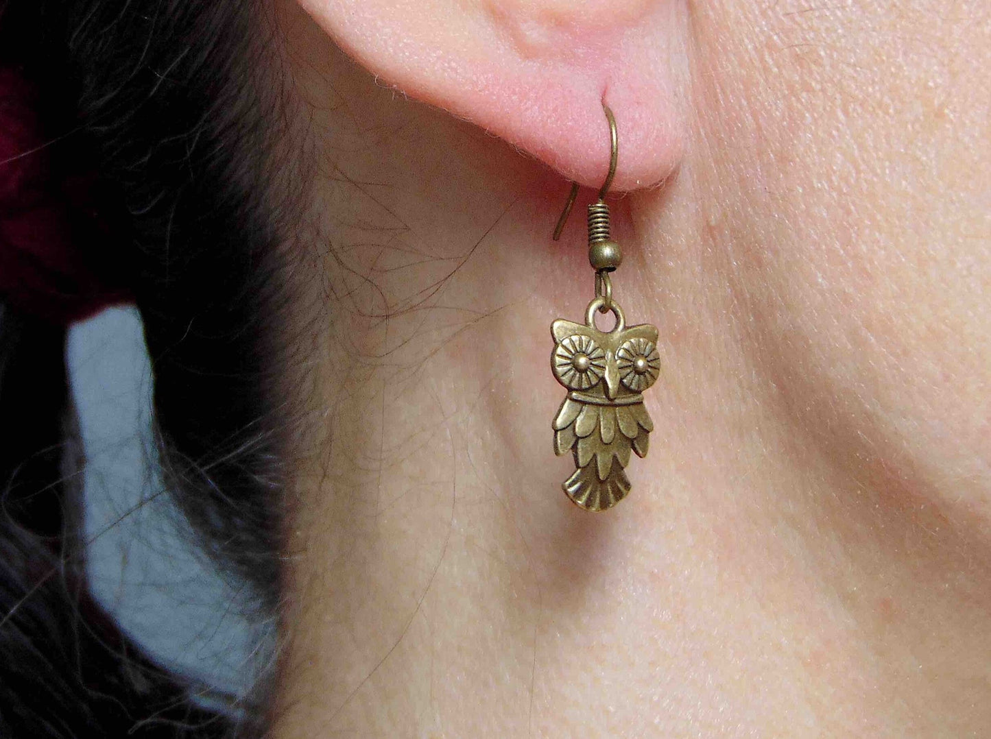 Short earrings with small brass owls, brass hooks