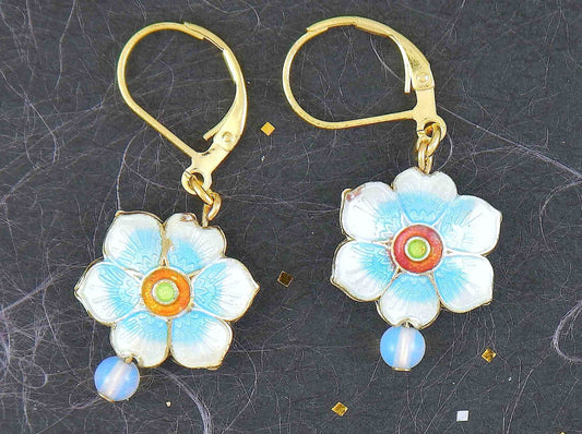 Short earrings with small enamelled flowers offered in 6 colours, synthetic moonstone (opalite), gold-toned stainless steel lever back hooks