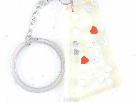 Keychain with handmade resin parallelepiped, tiny red and silver hearts, stainless steel chain