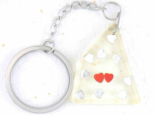 Keychain with handmade resin parallelepiped, tiny red and silver hearts, stainless steel chain