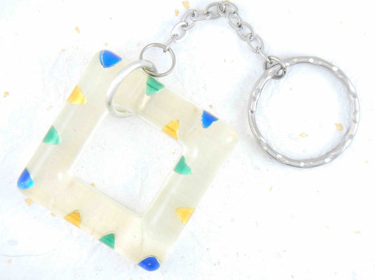 Keychain with handmade resin square ring, tiny blue-green-yellow hearts, stainless steel chain
