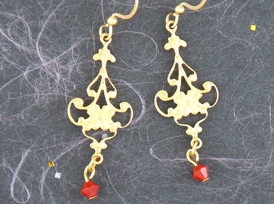Long earrings with delicate vintage brass baroque filigrees, flower pattern, Swarovski crystals (6 colours available), gold-toned stainless steel hooks