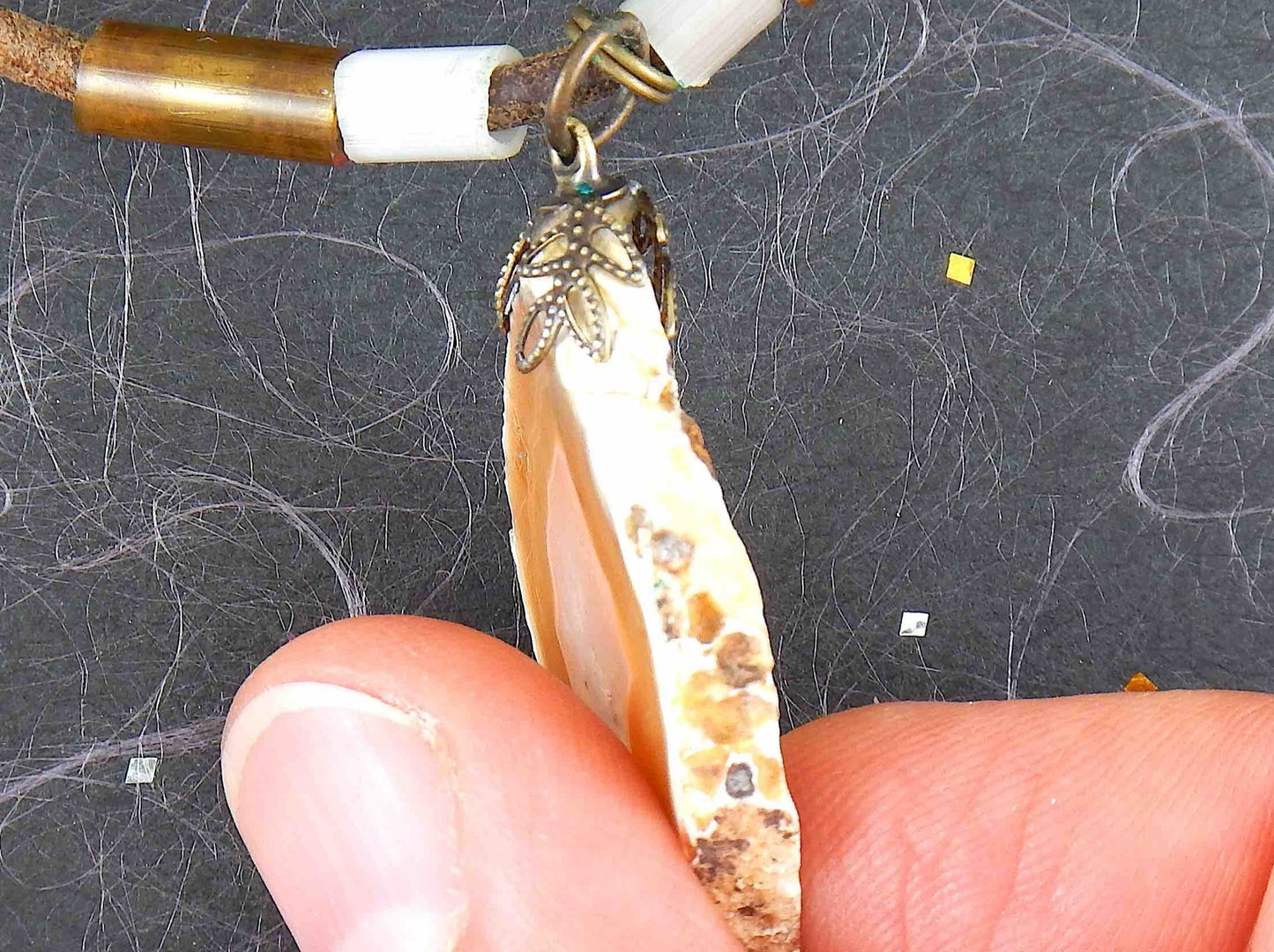 17-inch agate slice pendant in caramel and white on brown leather cord, antique glass cylinder beads, copper clasp