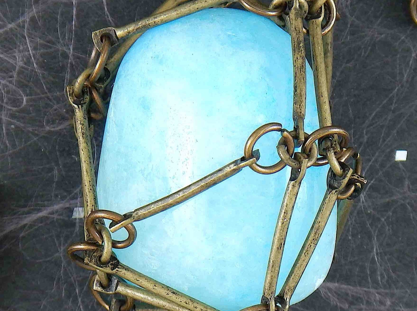 36-inch necklace with large aquamarine nugget caged in brass link bar chain, brass-toned matte aluminum chain
