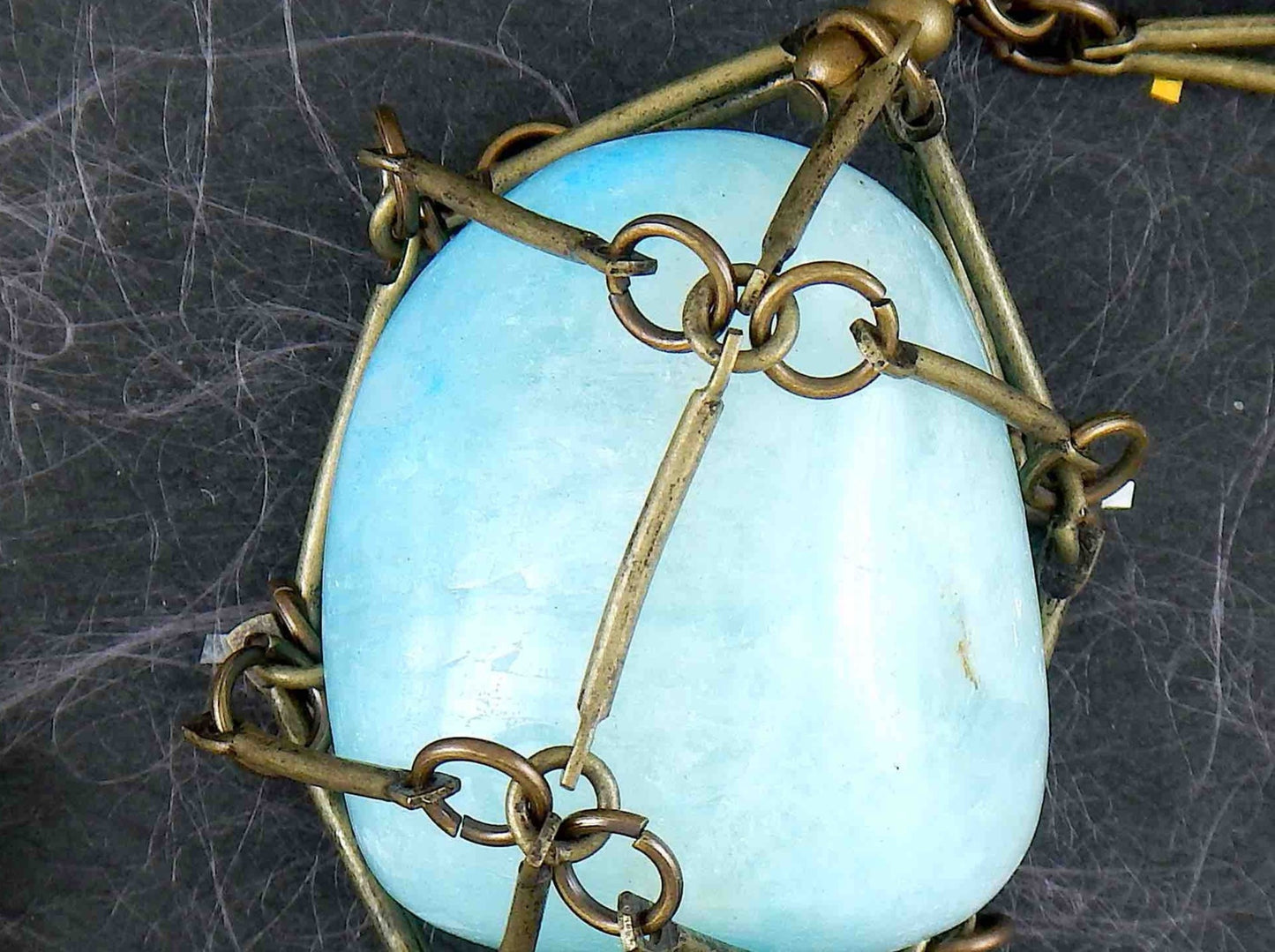 36-inch necklace with large aquamarine nugget caged in brass link bar chain, brass-toned matte aluminum chain