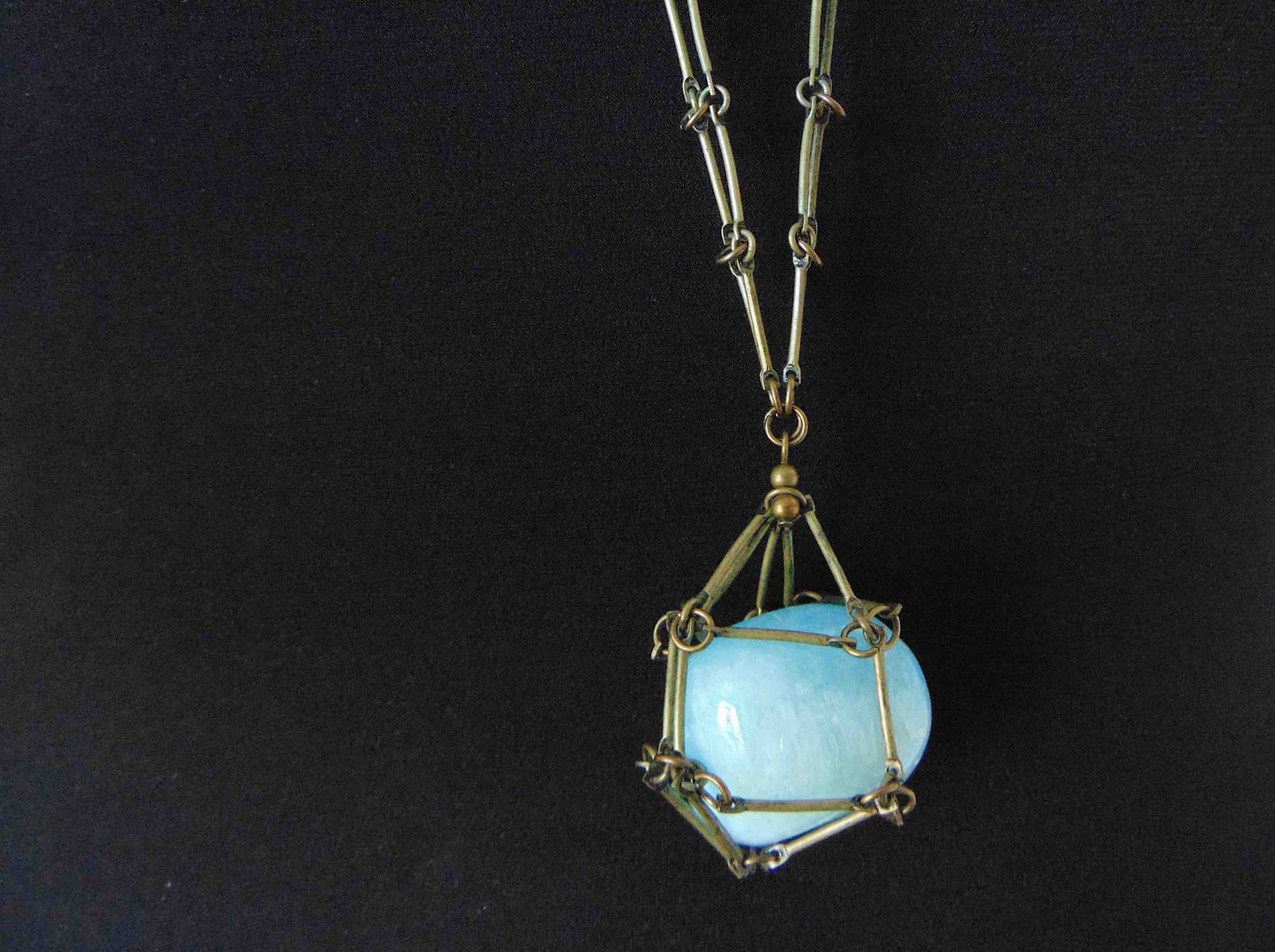 36-inch necklace with large aquamarine nugget caged in brass link bar chain, brass-toned matte aluminum chain