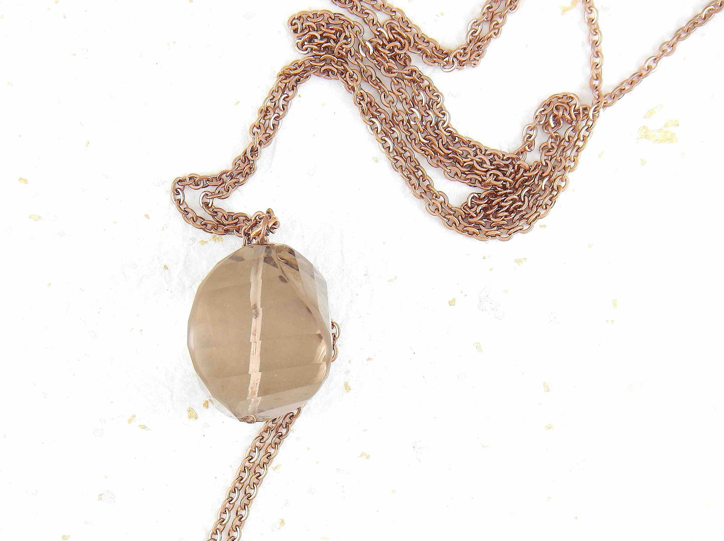 31-inch necklace with smoky quartz stone pendant, 4 profiled and faceted faces, rose gold-toned stainless steel chain