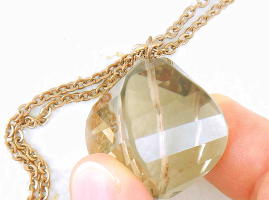 31-inch necklace with smoky quartz stone pendant, 4 profiled and faceted faces, rose gold-toned stainless steel chain
