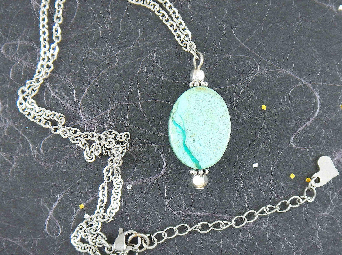 15-inch necklace with oval blue-green marbled chrysocolla stone, stainless steel chain chain