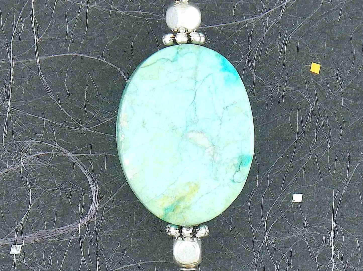15-inch necklace with oval blue-green marbled chrysocolla stone, stainless steel chain chain