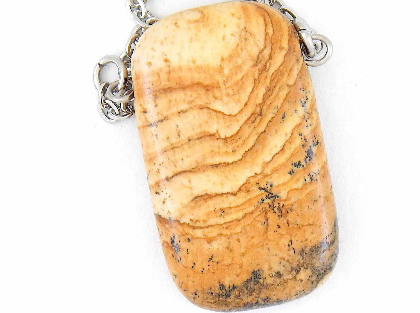 Collier 26 po à pendentif rectangle arrondi de pierre jaspe paysage caramel clair, chaîne acier inoxydable