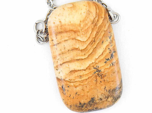 26-inch necklace with rectangular light caramel landscape jasper stone pendant, stainless steel chain