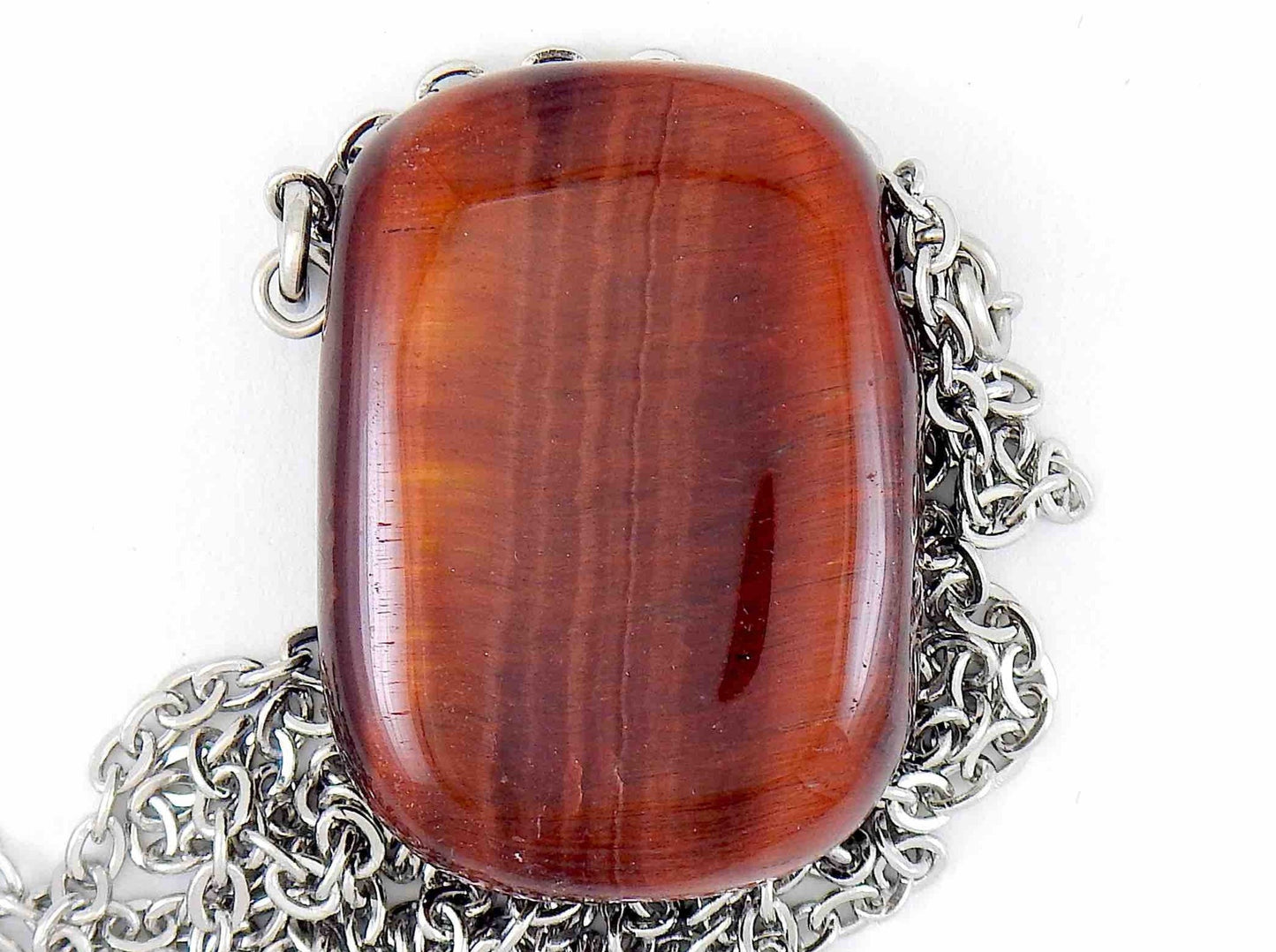 26-inch necklace with rectangular red tiger eye stone pendant, stainless steel chain