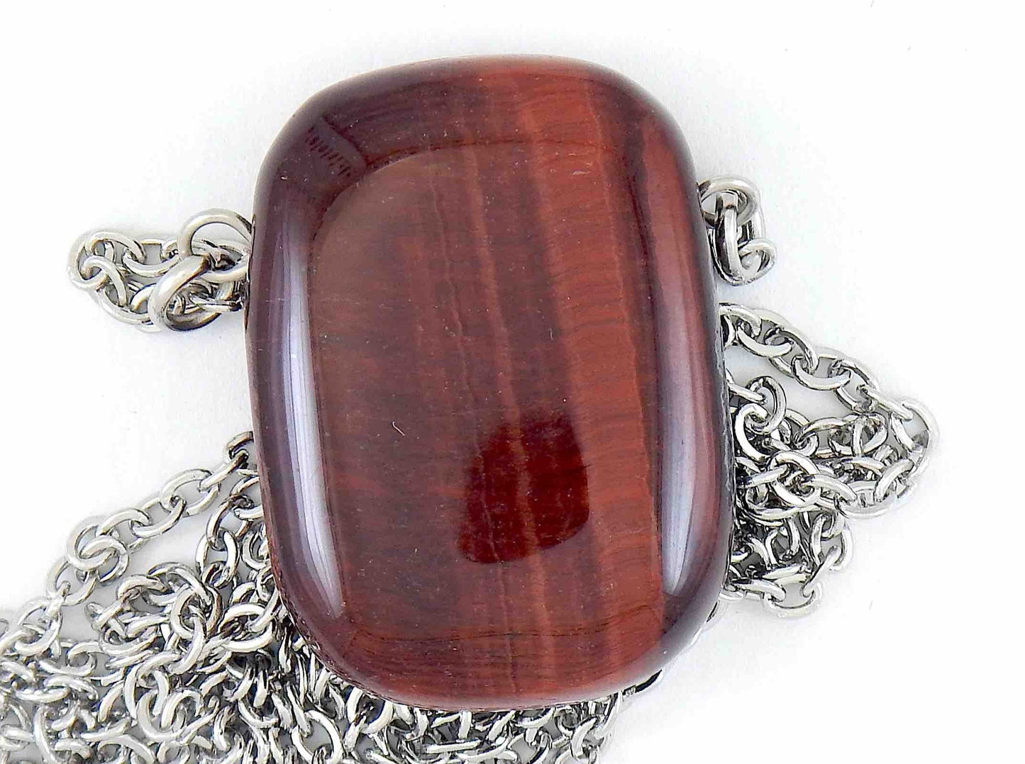 26-inch necklace with rectangular red tiger eye stone pendant, stainless steel chain