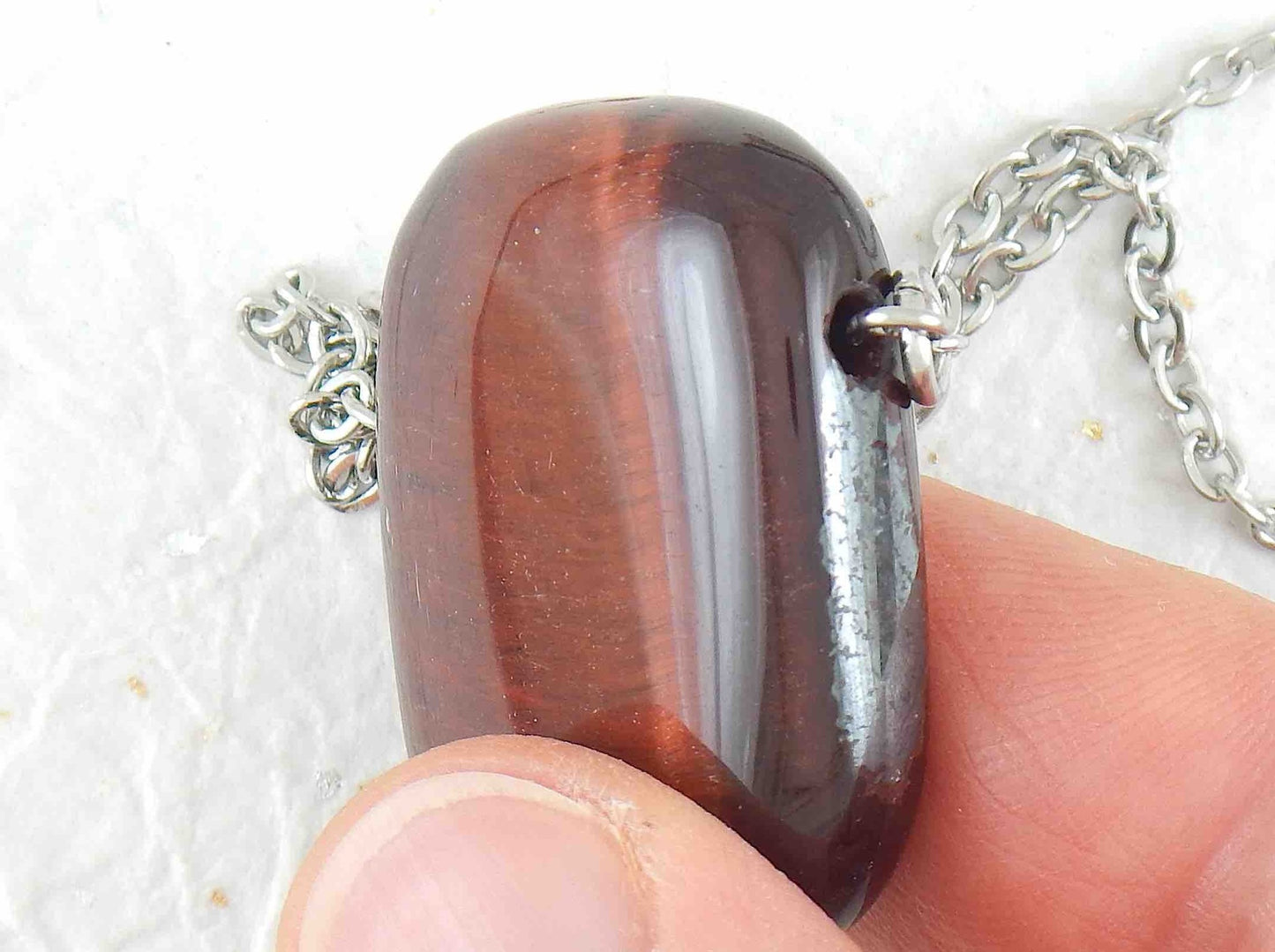 26-inch necklace with rectangular red tiger eye stone pendant, stainless steel chain