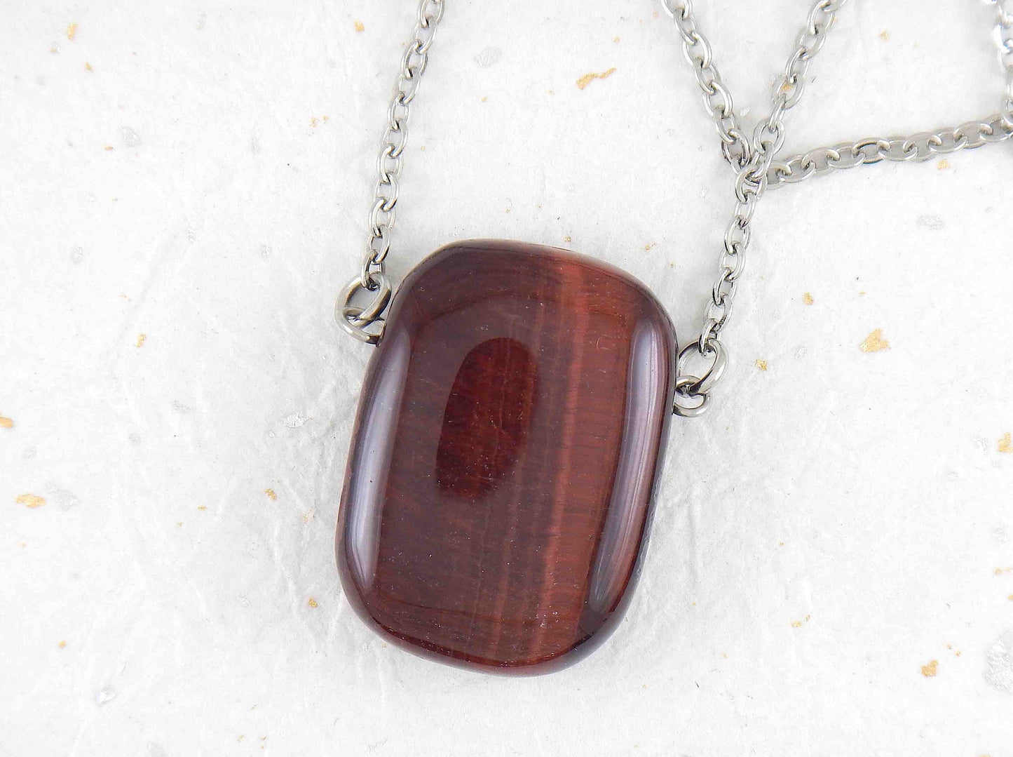 26-inch necklace with rectangular red tiger eye stone pendant, stainless steel chain