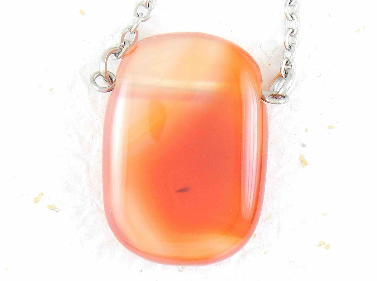 Collier 26 po à pendentif rectangle arrondi de pierre cornaline orangée & transparente, chaîne acier inoxydable