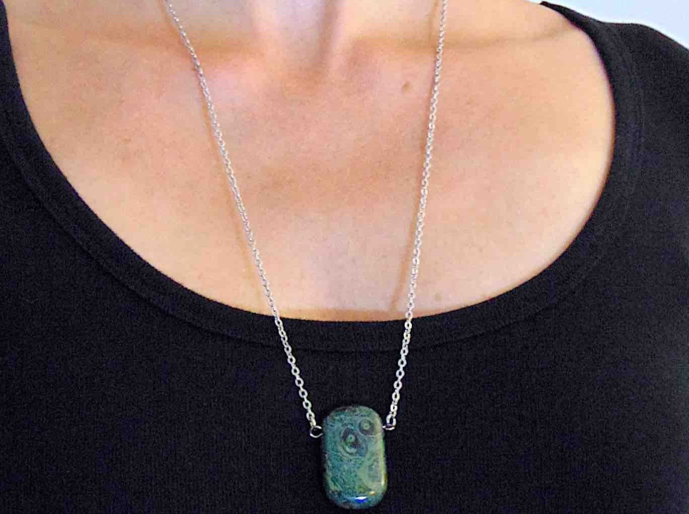 26-inch necklace with rectangular dark green and black marbled kambaba jasper stone pendant, stainless steel chain