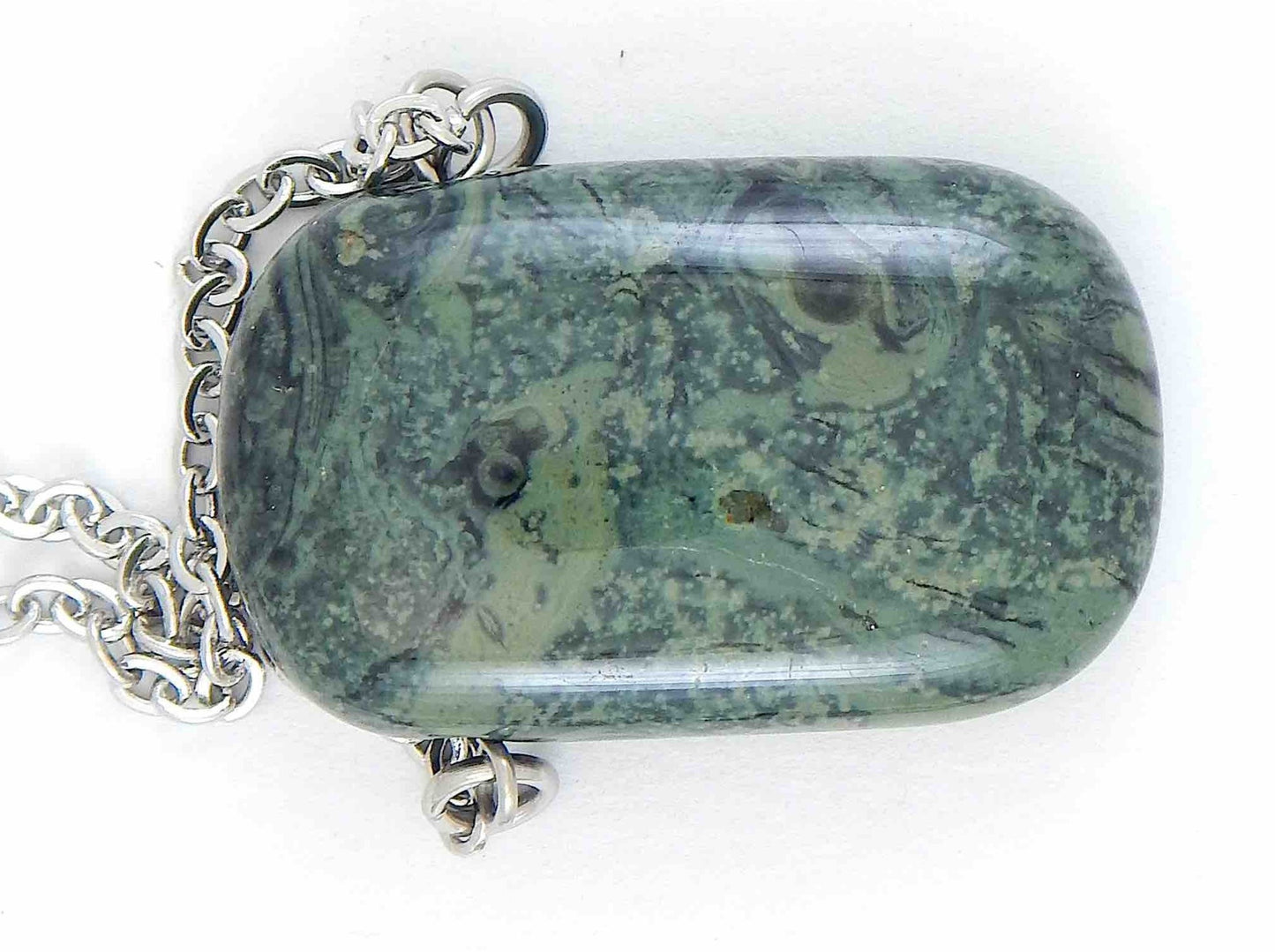 26-inch necklace with rectangular dark green and black marbled kambaba jasper stone pendant, stainless steel chain