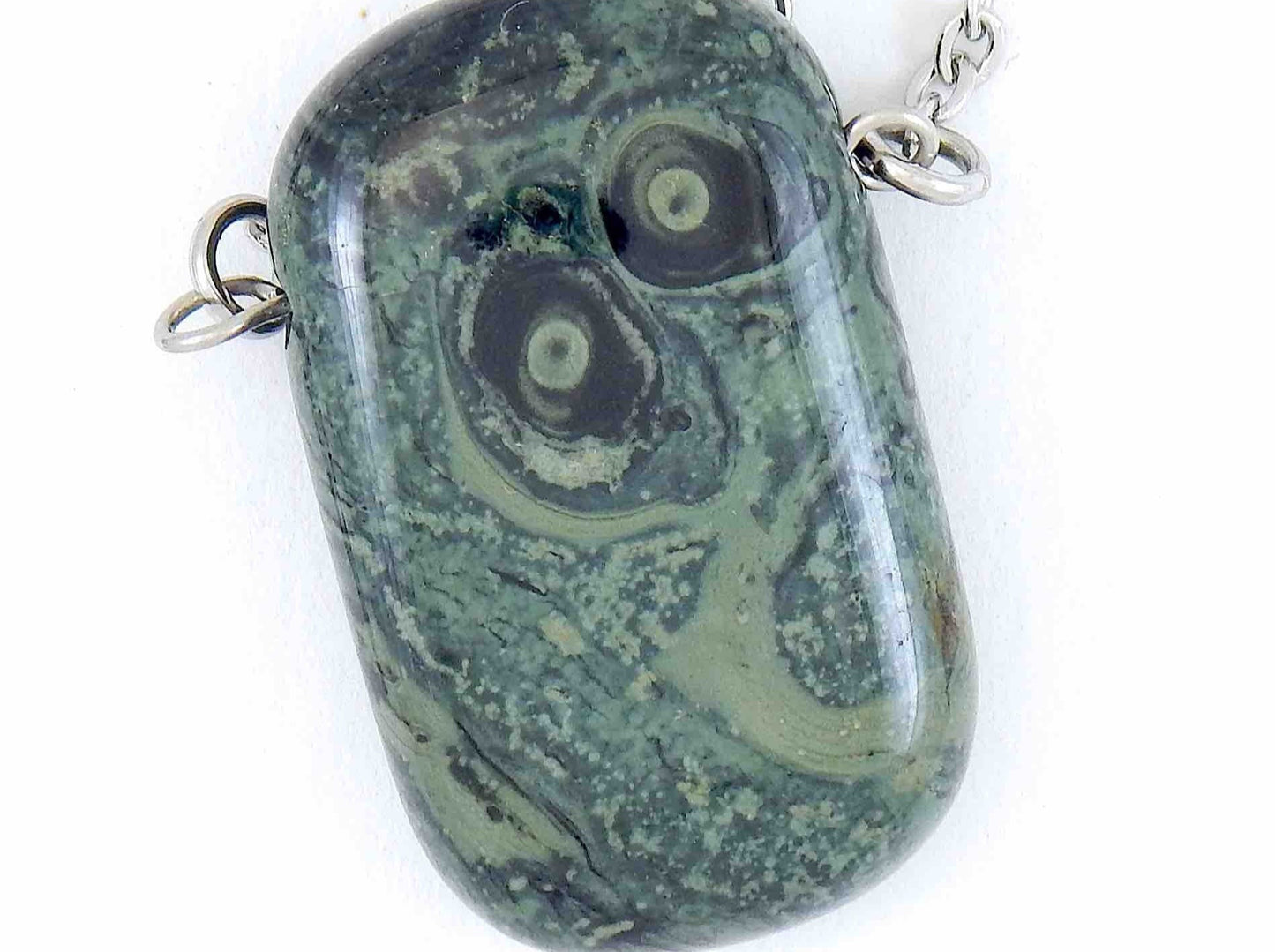 26-inch necklace with rectangular dark green and black marbled kambaba jasper stone pendant, stainless steel chain