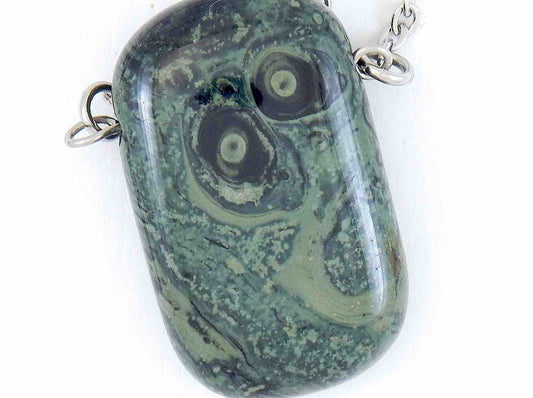 26-inch necklace with rectangular dark green and black marbled kambaba jasper stone pendant, stainless steel chain