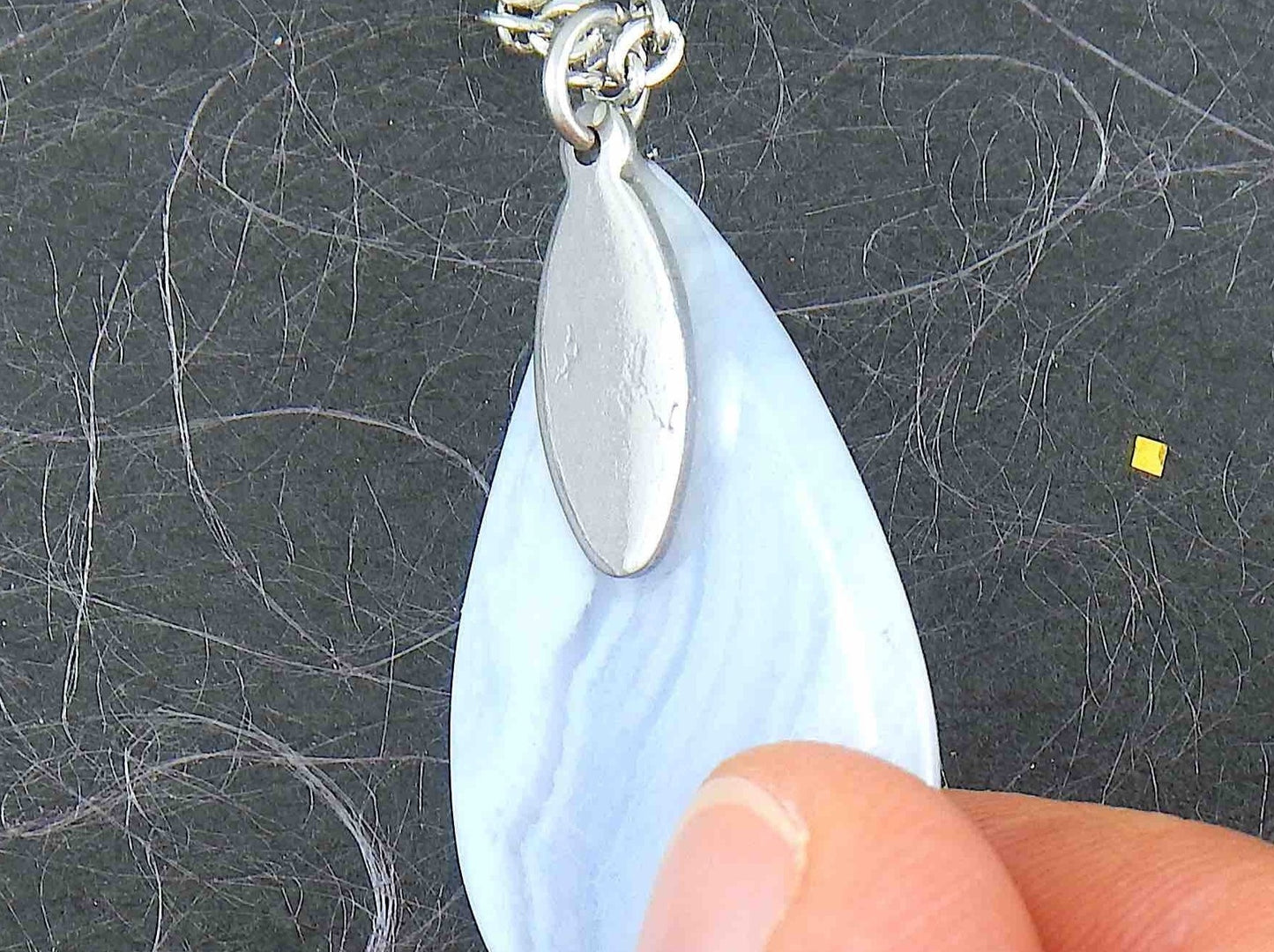 16-inch necklace with marbled blue lace agate stone drop pendant, stainless steel chain