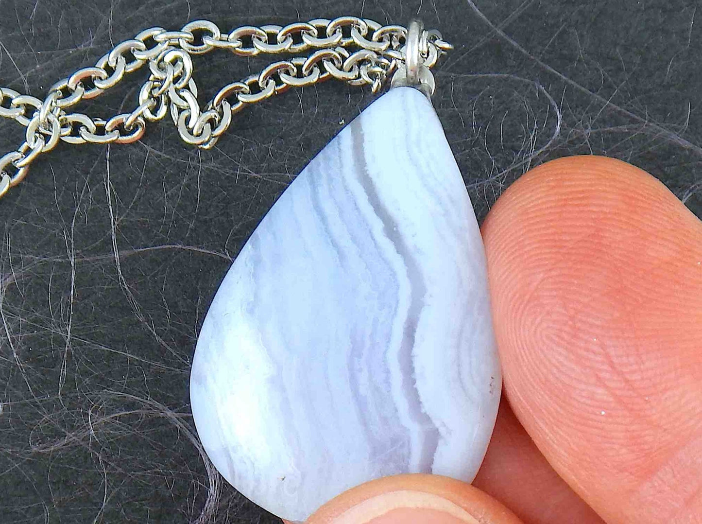 16-inch necklace with marbled blue lace agate stone drop pendant, stainless steel chain