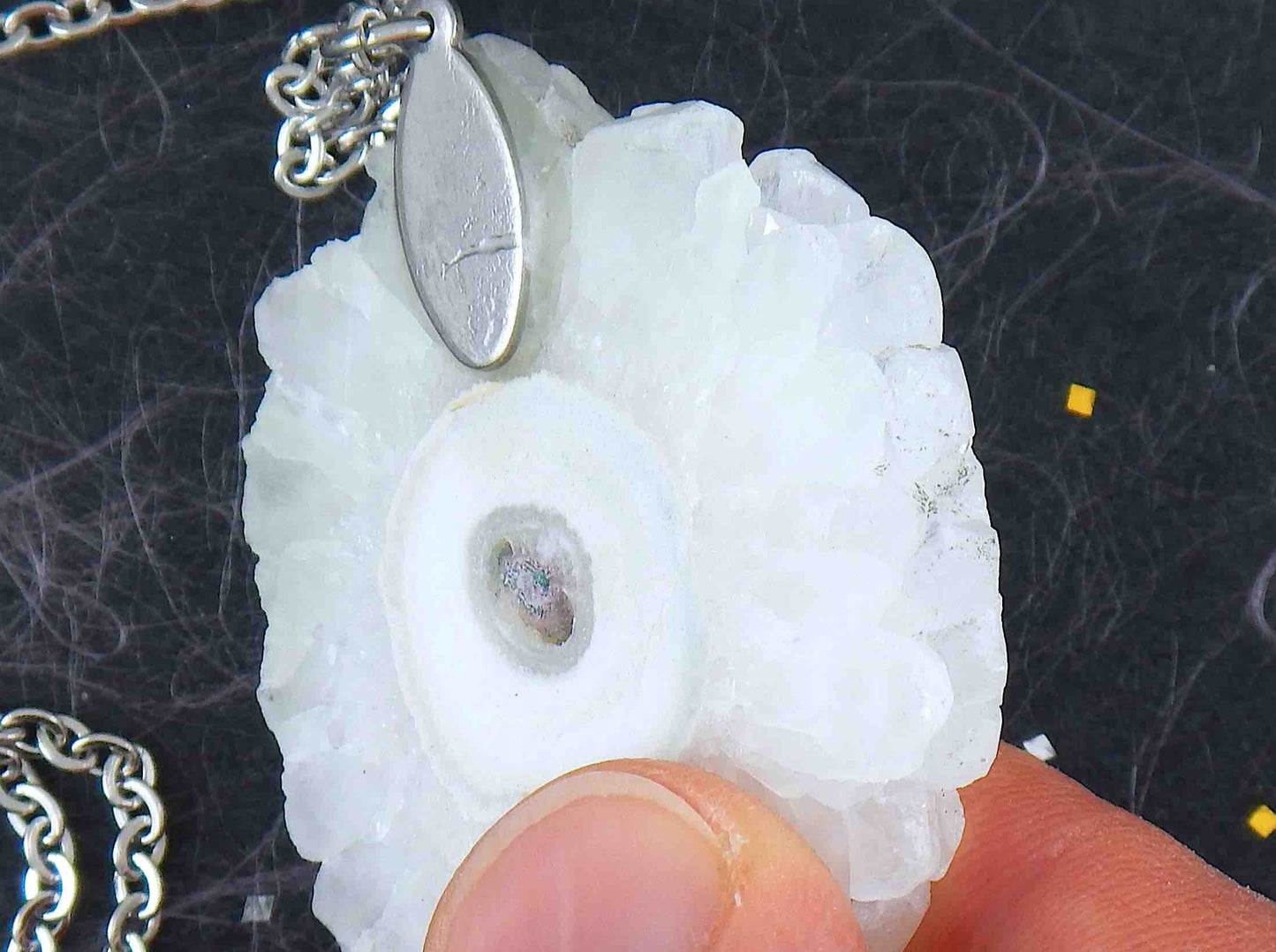 16-inch necklace with large solar quartz stone circular pendant, white with a hint of green, stainless steel chain